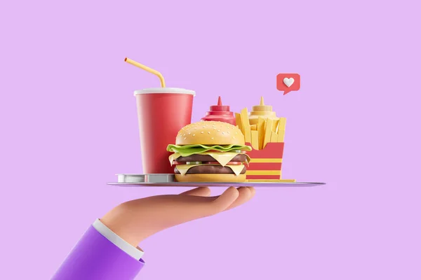 卡通人手拿着装有紫色背景快餐的盘子 快餐和营养的概念 3D渲染 — 图库照片