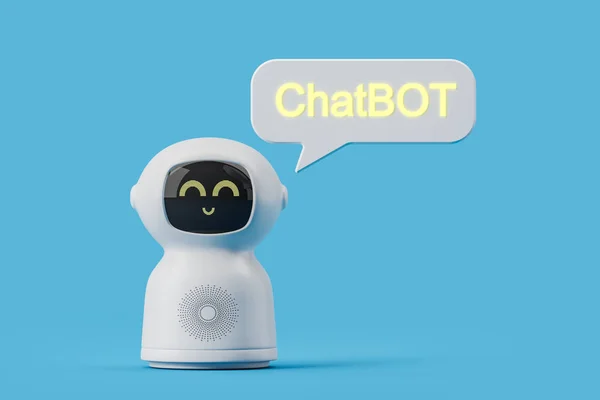 Mignon Robot Dessin Animé Blanc Disant Chatbot Sur Fond Bleu — Photo