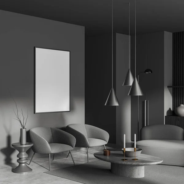 有灰色墙壁 混凝土地面 舒适的灰色扶手椅 沙发和垂直模拟海报的时尚客厅角落 3D渲染 — 图库照片