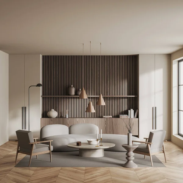 Interiør Moderne Stue Med Hvide Trævægge Trægulv Komfortabel Grå Sofa - Stock-foto