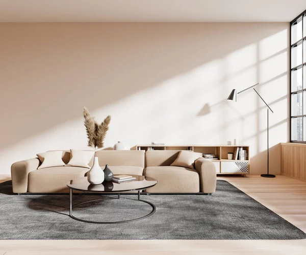 Interieur Eines Modernen Wohnzimmers Mit Beigen Wänden Holzboden Bequemer Beiger — Stockfoto