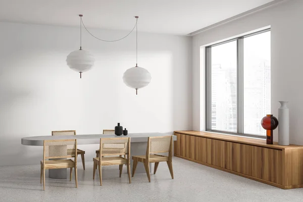 Intérieur Salle Manger Minimaliste Avec Murs Blancs Sol Béton Table — Photo