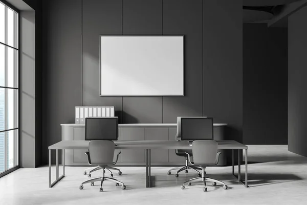 Dark Coworking Interior Armchairs Shared Desk Computers Sideboard Documents Panoramic — Stock Photo, Image