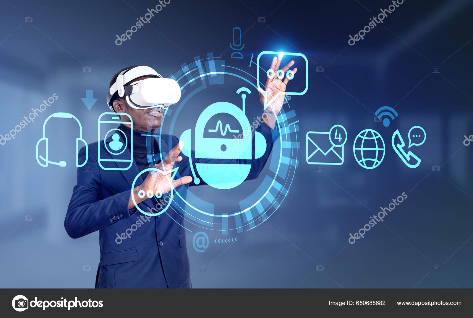 Gafas inteligentes. hombre de negocios en camisa blanca con gafas  inteligentes con información digital en la interfaz de alta tecnología de  pantalla virtual. tecnología futurista y concepto de realidad aumentada.