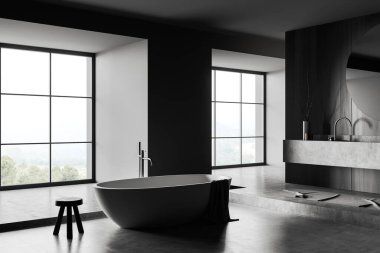 Küvetin içi karanlık banyo, yan görüş, lavabo, ayna ve dekorasyon, gri beton zemin. Kırsal kesimde panoramik pencere. 3B görüntüleme