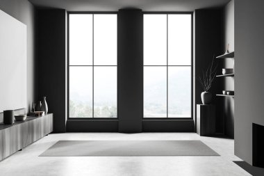 İçinde siyah ahşap çekmece ve dekorasyonlu raf ve gri beton zeminde halı olan karanlık, boş bir oturma odası. Kırsal kesimde panoramik pencere. Posteri taklit et, 3D görüntüleme