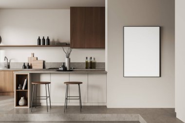 Gri beton bir kürsüde bar korkulukları ve adanın içinde bej rengi mutfak. Sanat dekorasyonlu mutfak eşyaları ve raflar, ön manzara. Tuvalin maketi posteri. 3B görüntüleme