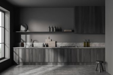 Gri beton zeminde güverte ve mutfak gereçleri olan karanlık bir mutfak. Farklı yemek aletleri olan siyah ahşap bir raf. Kırsal kesimde panoramik pencere. 3B görüntüleme