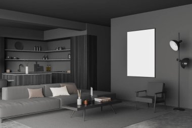 Lounge Zone 'lu karanlık stüdyo, kanepe ve yemek pişirme alanı raflarda mutfak gereçleri, gri beton zeminde halı. Model poster, 3D görüntüleme