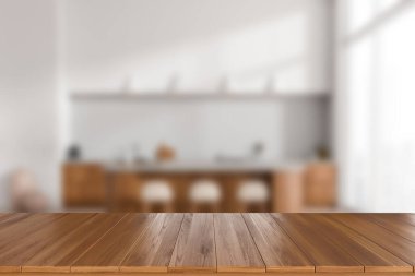 Beyaz mutfak iç kısmının bulanık arka planında panoramik pencereli ahşap bir ada. Ürün görüntüleme için kopyalama alanı. 3B görüntüleme