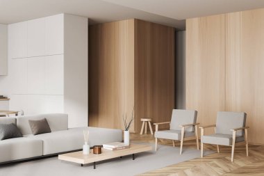 İçinde kanepe ve iki koltuk olan karanlık bir stüdyo, yan görüş, yemek pişirme alanı ve ahşap zeminde dinlenme alanı. Modern dairede şık mobilyalar, 3 boyutlu tasarım.