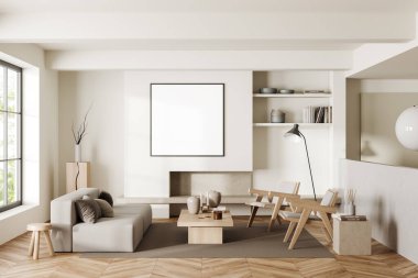 Beyaz gevşemiş iç kanepe, iki koltuk ve ahşap zeminde şömine. Süslü raflar ve tropik bölgelerde panoramik pencereler. Boş kare posteri yap. 3B görüntüleme