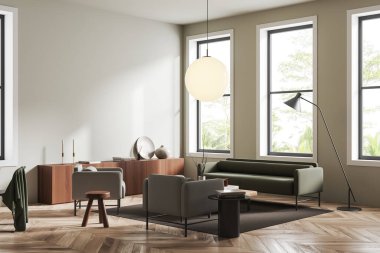 İçinde kanepe, iki koltuk, yan görüş, sehpa ve dekorasyonlu çekmece ve ahşap zemin olan modern oturma odası. Tropik bölgelerde panoramik pencere. Boş ışık duvarı, 3B görüntüleme