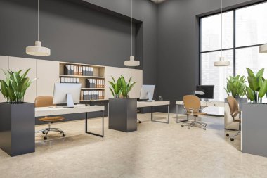 Corner view on bright office interior with panoramic windows with Singapore city view, tables with armchairs, desktops, lamps and concrete floor. Concept of place for working process. 3d rendering
