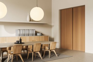 Şık bir ofis, sandalye ve pano, yan görüş, bej beton zemin. Büfe, belgeler ve dekorasyonla dolu bir toplantı köşesi. Görünmez kapı. 3B görüntüleme