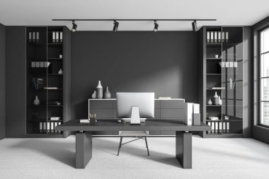 Çalışma masasında bilgisayar, yerde halı olan karanlık ceo odası. Belgeleri ve dekorasyonu olan raflar, şehir manzaralı panoramik pencereler. 3B görüntüleme