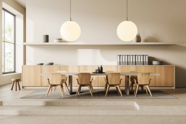 Bej konferans odası içinde sandalyeler ve masa, açık beton podyum ve halı. Büfe, doküman ve dekorasyonlu şık bir ofis odası. Tropiklerde panoramik pencere, 3B oluşturma