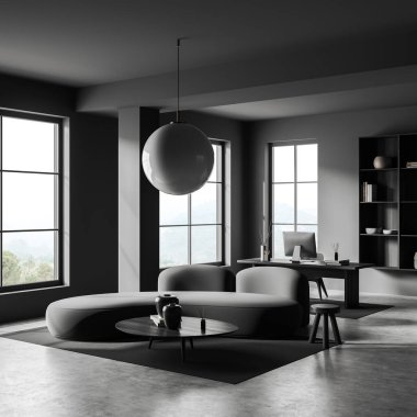 İçinde kanepe ve kahve sehpası olan karanlık bir iş yeri masasında bilgisayar, yan görüş, gri beton zemin. Sanat süslemeli raflar, kırsal manzaralı panoramik pencereler. 3B görüntüleme