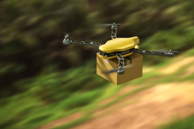 Bulanık kırsal arka planda uçan karton paketli kuadrokopter drone. Postacılık ve teslimat için modern özerk robot. 3B görüntüleme
