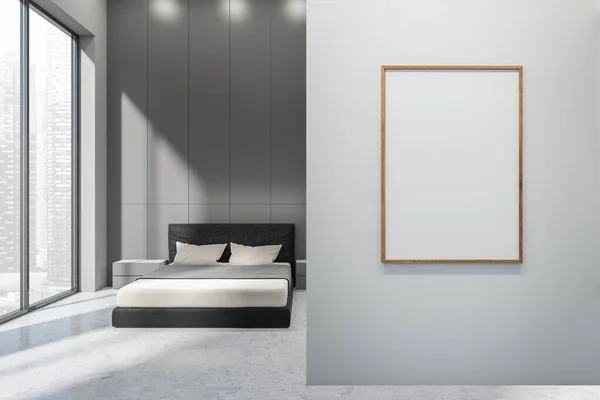 Hotel Bedroom Interior Bed Nightstand Grey Concrete Floor Panoramic Window — Stock Photo, Image