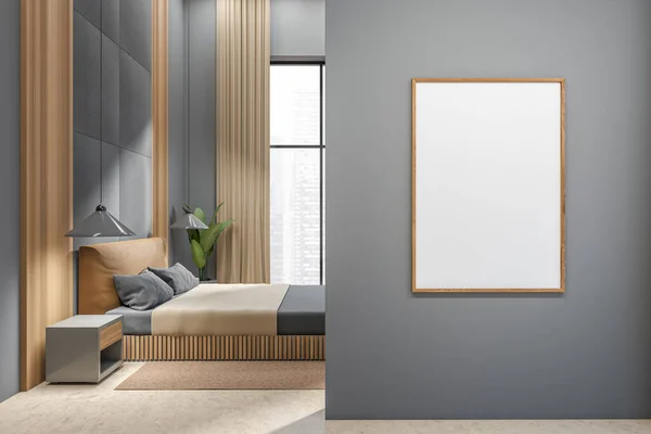Graue Schlafzimmereinrichtung Mit Bett Und Nachttisch Auf Beigem Betonboden Panoramafenster — Stockfoto
