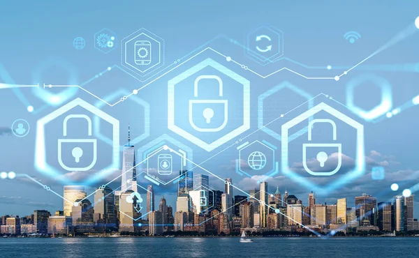 New York skyline and cybersecurity lock and digital connection hud, worldwide information protection hologram. Concept of business and data privacy.