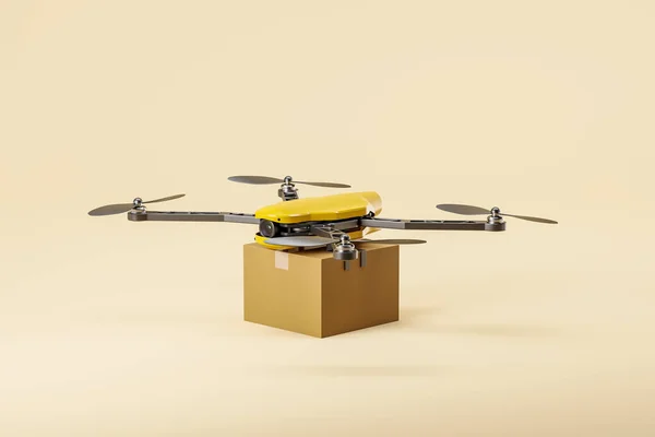 Robot Quadrocopter Amarillo Con Caja Cartón Sobre Fondo Beige Bot — Foto de Stock