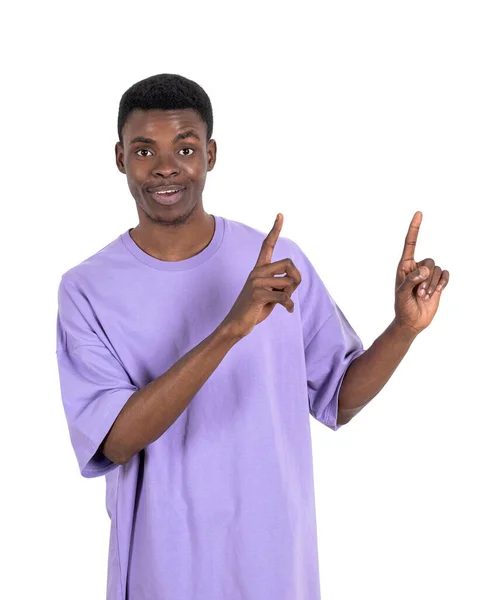 Smiling Young Black Man Purple Shirt Fingers Pointing Isolated White — Stock Photo, Image