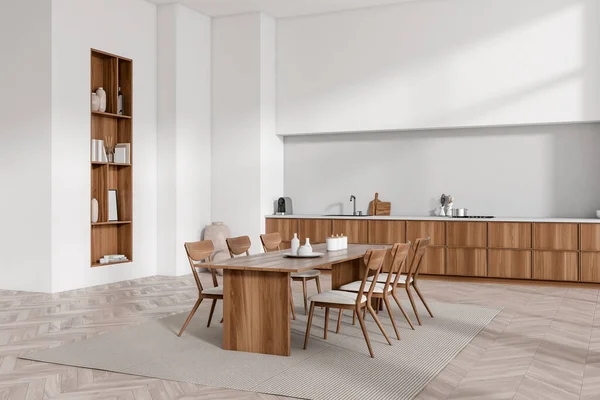 Vista Canto Interior Sala Cozinha Brilhante Com Mesa Jantar Cadeiras — Fotografia de Stock