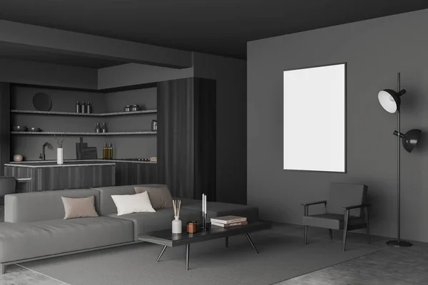 Dunkles Studio Interieur Mit Loungebereich Sofa Und Kochnische Mit Insel — Stockfoto