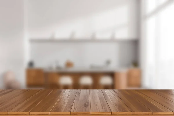 木制的岛屿 背景模糊的白色厨房内部与全景窗 用于产品展示的模拟复制空间 3D渲染 — 图库照片
