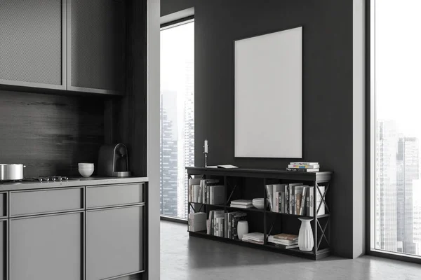 深色厨房内部与餐具柜和艺术装饰 侧视图 甲板与厨房用具灰色混凝土地板 全景城市景观窗口 模仿帆布海报 3D渲染 — 图库照片