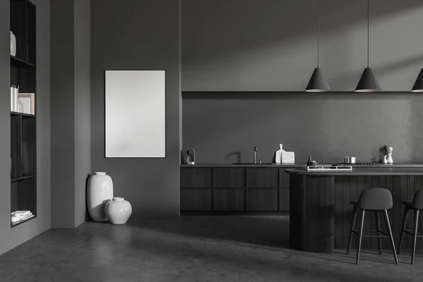 Vooraanzicht Donkere Keuken Interieur Met Lege Witte Poster Eiland Barkrukken — Stockfoto