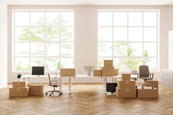 White Meeting Room Interior Moving Boxes Board Armchair Computer Hardwood — Stock Photo, Image