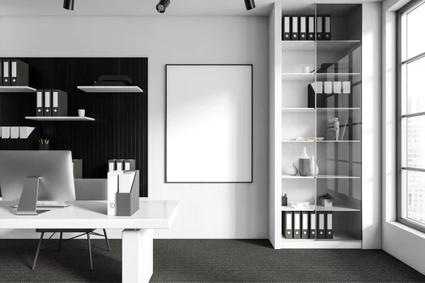 Interior Quarto Ceo Branco Com Computador Mesa Gabinete Prateleira Com — Fotografia de Stock