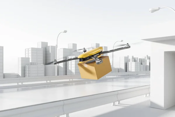 高速道路を飛行する4ドローン 配送や注文のための現代のスマート自律ボット 抽象的な大都市 モックアップコピースペース 3Dレンダリング — ストック写真