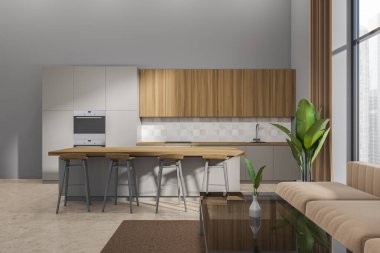 Kahverengi stüdyo, aşçılık alanı, bar adası ve sandalyeler, bej beton zeminde halı. Sehpalı kanepe ve Singapur manzaralı panoramik pencere. 3B görüntüleme