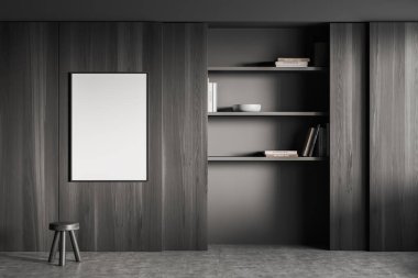 Siyah ahşap raflı, ön manzaralı, gri beton zeminde taburesi olan karanlık bir oturma odası. Posteri düzenle. 3B görüntüleme