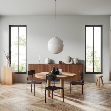 İçinde sandalyeler ve yemek masası olan gri oturma odası kitaplar ve dekorasyonlu şifonyer, ahşap zemin. Tropik bölgelerde panoramik pencere. 3B görüntüleme