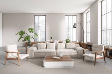 Parlak stüdyo odasının önü yemek masası, kanepe, koltuklar, halı, beton zemin, panoramik pencere şehir manzaralı, raflar kitaplarla dolu. Minimalist tasarım kavramı. 3d oluşturma