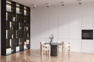 İçi yemek masası ve sandalyelerle dolu beyaz mutfak, yan görüş, gözlüklü ve dekorasyonlu dolap, ahşap zemin. Gizlenmiş mutfak aletleri ve fırın. 3B görüntüleme