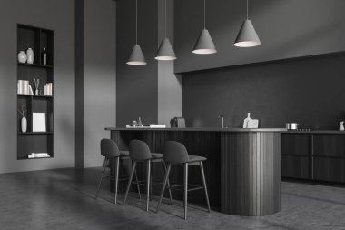 Ada, bar taburesi, dolap, gri duvar, beton zemin, raflar, gaz ocağı, kahve makinesi olan karanlık mutfak manzarası. Minimalist tasarım kavramı. 3d oluşturma