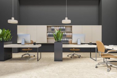 Koyu renk iç mekan koltuklar ve bilgisayar, bej beton zemin. Raflı ve dokümanlı bir iş yeri, fabrikalı modern çalışma alanı. 3B görüntüleme