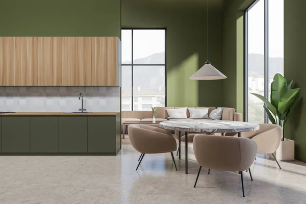 Groene Studio Interieur Met Eettafel Stoelen Chill Area Met Sofa — Stockfoto