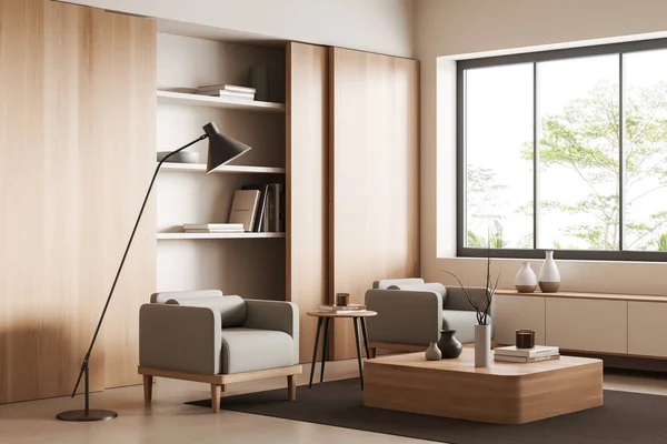 Let Stue Interiør Med Lænestole Sideudsigt Hylde Sofabord Med Dekoration - Stock-foto
