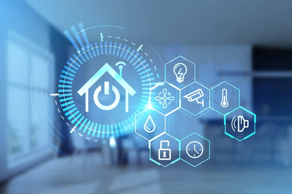 Hud Casa Incandescente Con Diverse Icone Binario Circuito Interfaccia Sfondo — Foto Stock