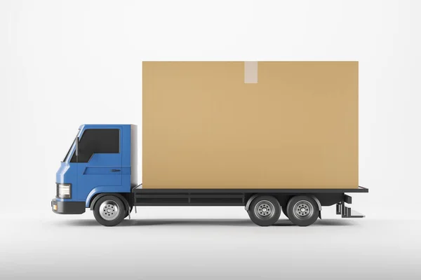 运送车上有一个大纸板箱 侧面看白色背景 批发运输 包装和全球物流的概念 模拟复制空间 3D渲染 — 图库照片