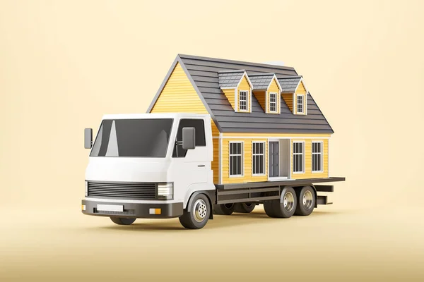 Delivery van with a big house, side view on beige background. Shipping company. Concept of moving and delivery. 3D rendering