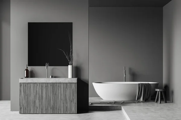 Frontansicht Auf Dunkle Badezimmereinrichtung Mit Leerer Grauer Wand Badewanne Quadratischem — Stockfoto