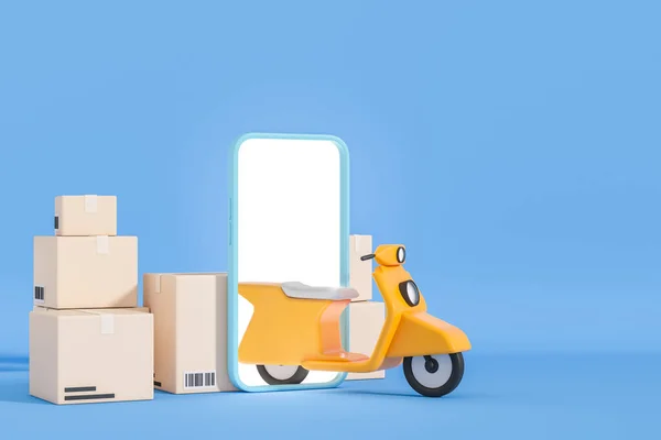Scooter Amarelo Com Smartphone Caixas Fundo Azul Serviço Entrega Rastreamento — Fotografia de Stock